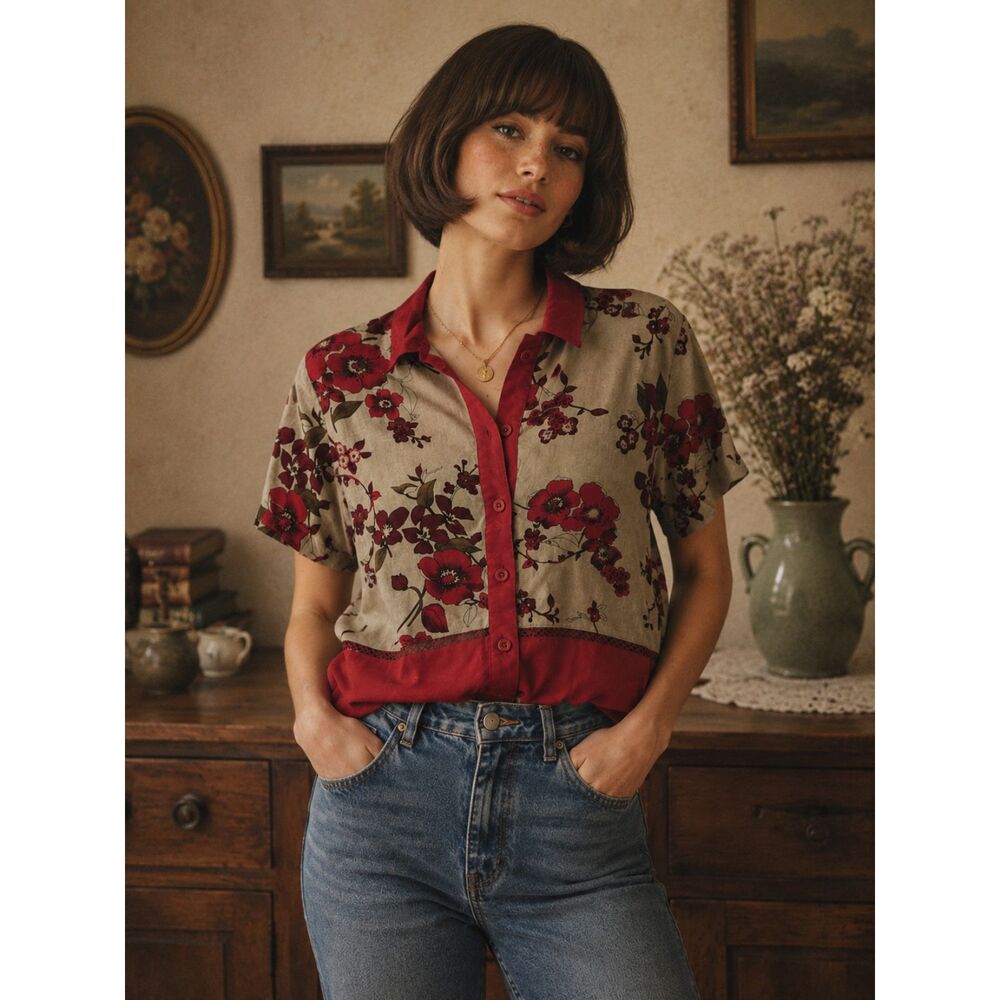 Studio Ease Vintage Y2K Floral Button-Up Crop Top - Tan & Red - Size 10